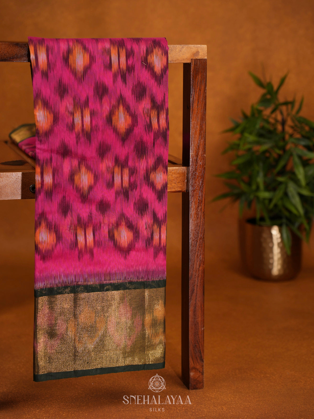Pink Ikat Silk Cotton Saree with Traditional Woven Border