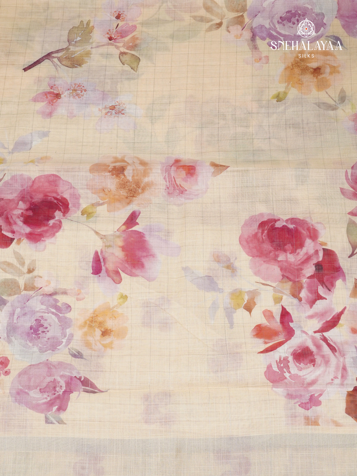 Pastel Cream Printed Linen Saree