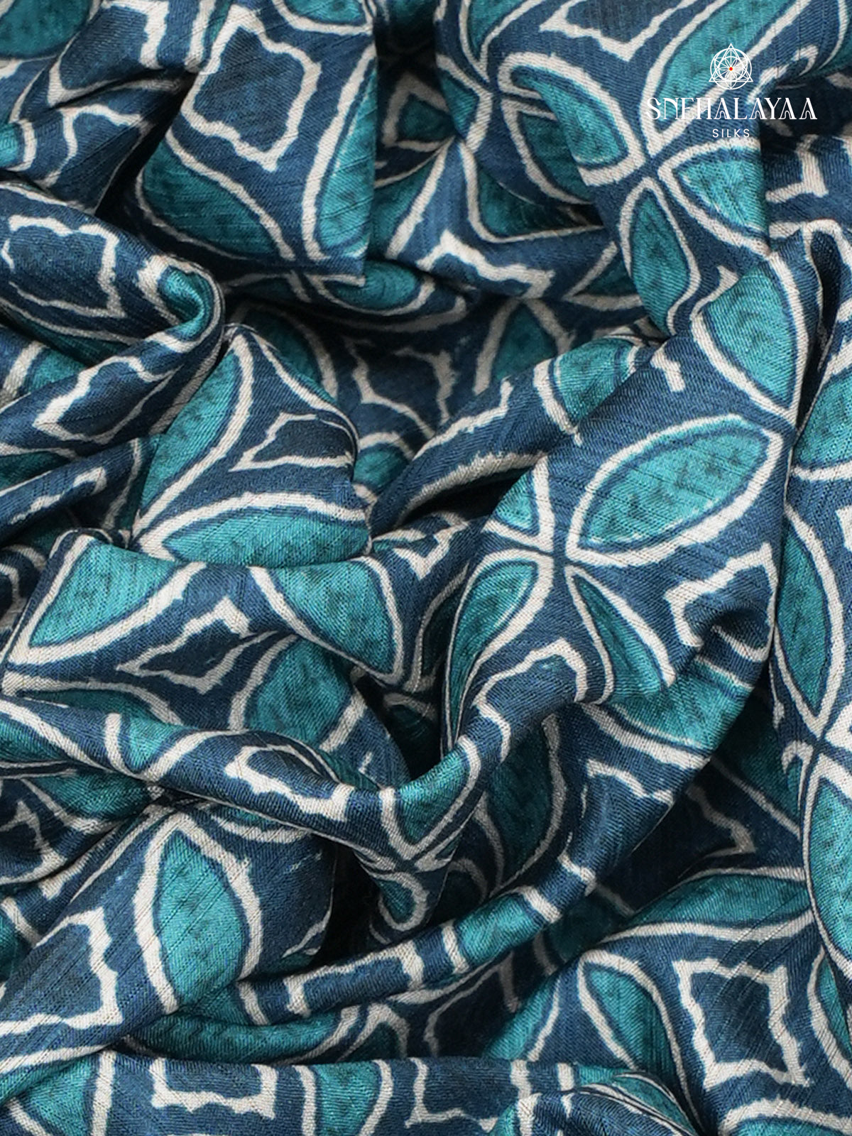 Peacock Blue Printed Tussar Saree