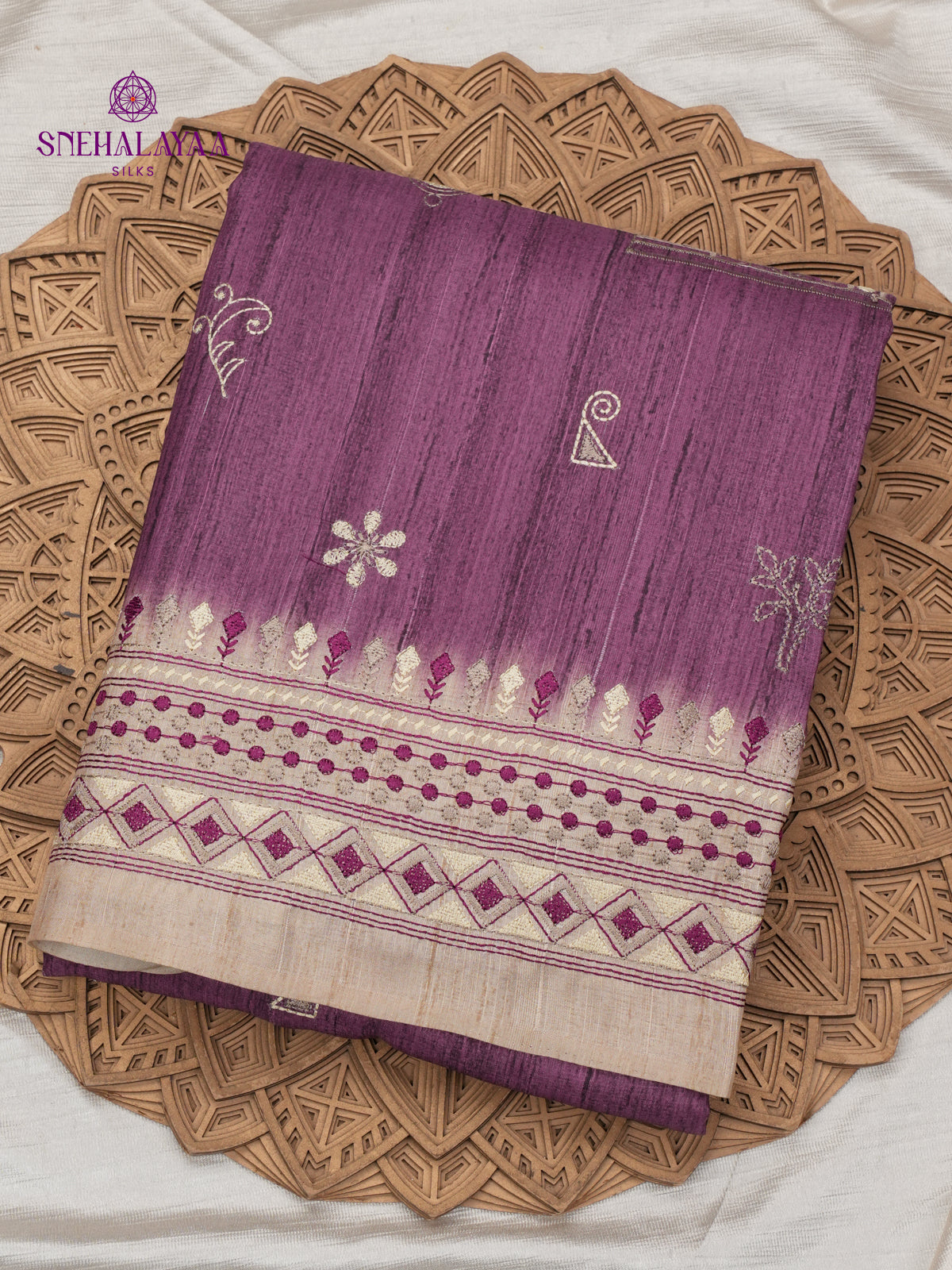 Purple Tussar Embroidery Saree