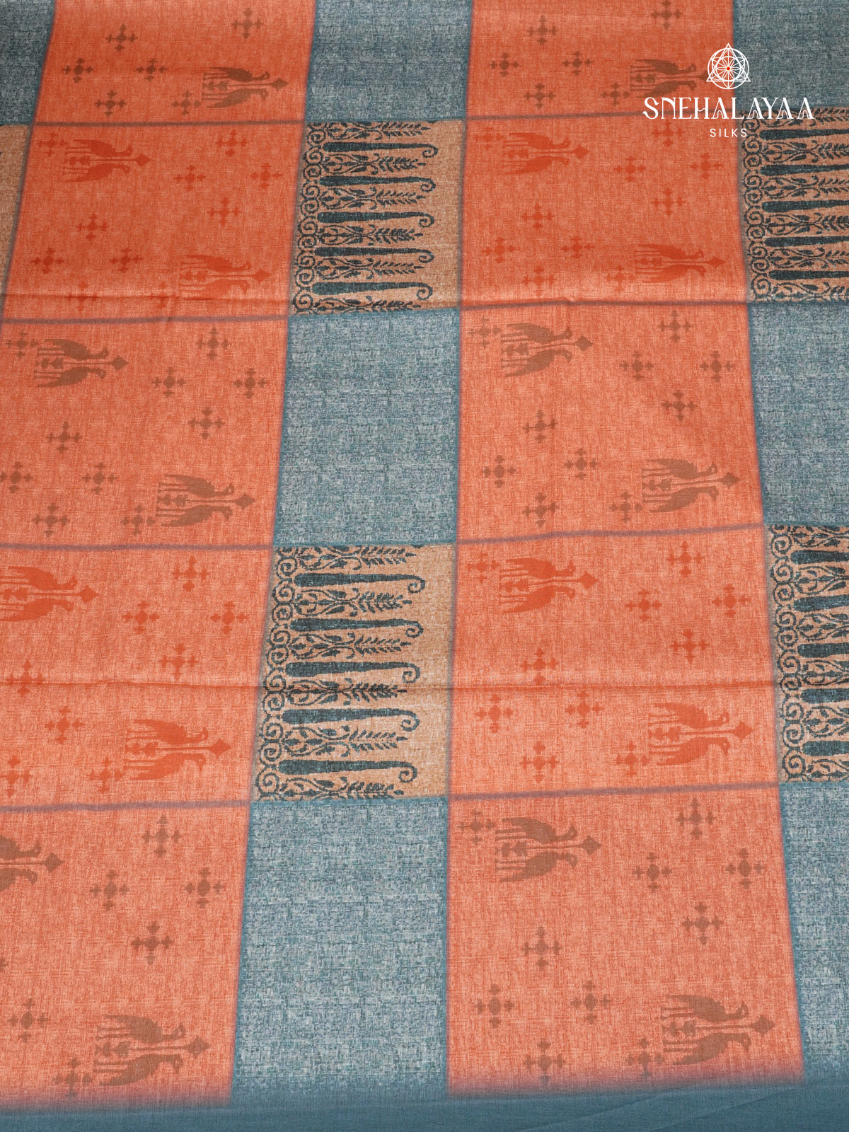 Rust Orange Floral Printed Tussar Saree