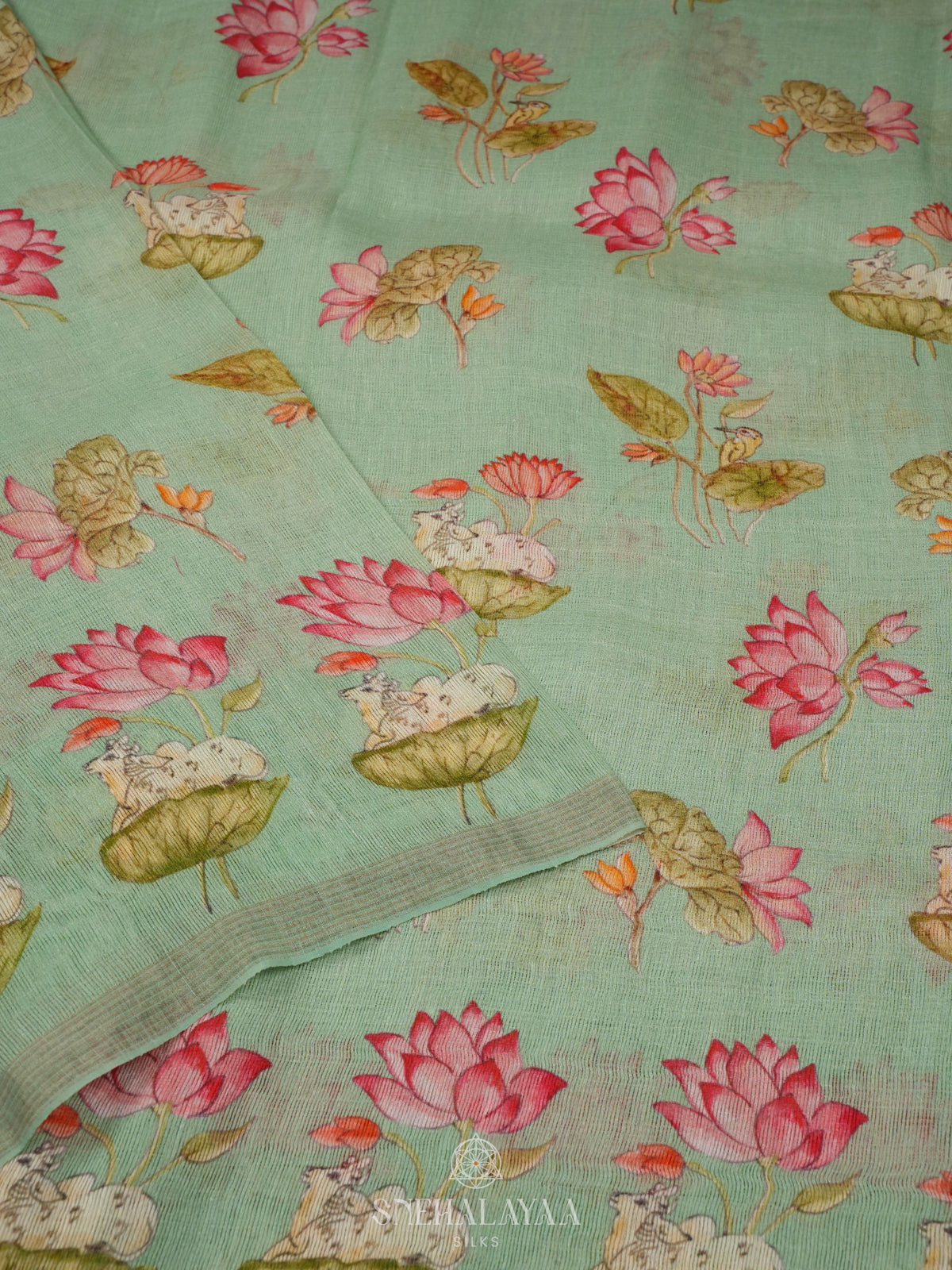 Pale Green Linen Kora Silk Saree