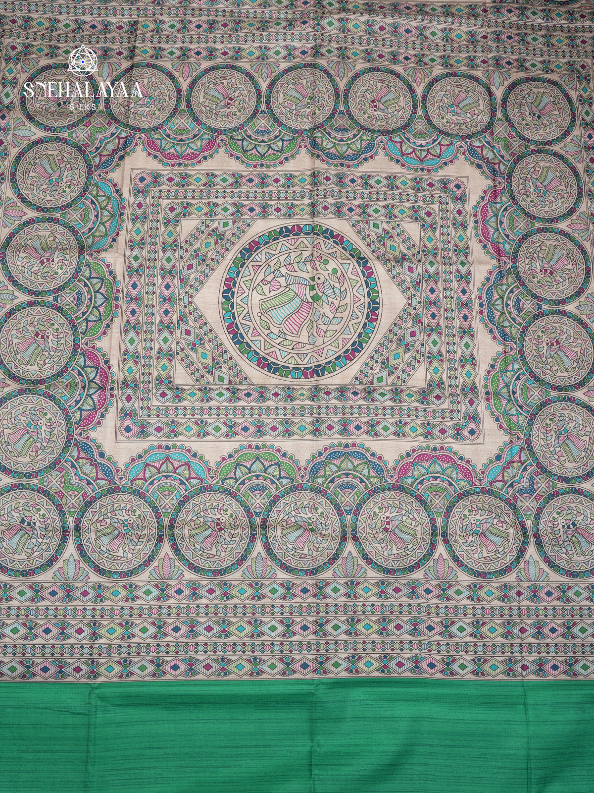 Beige with Green Border Madhubani Saree