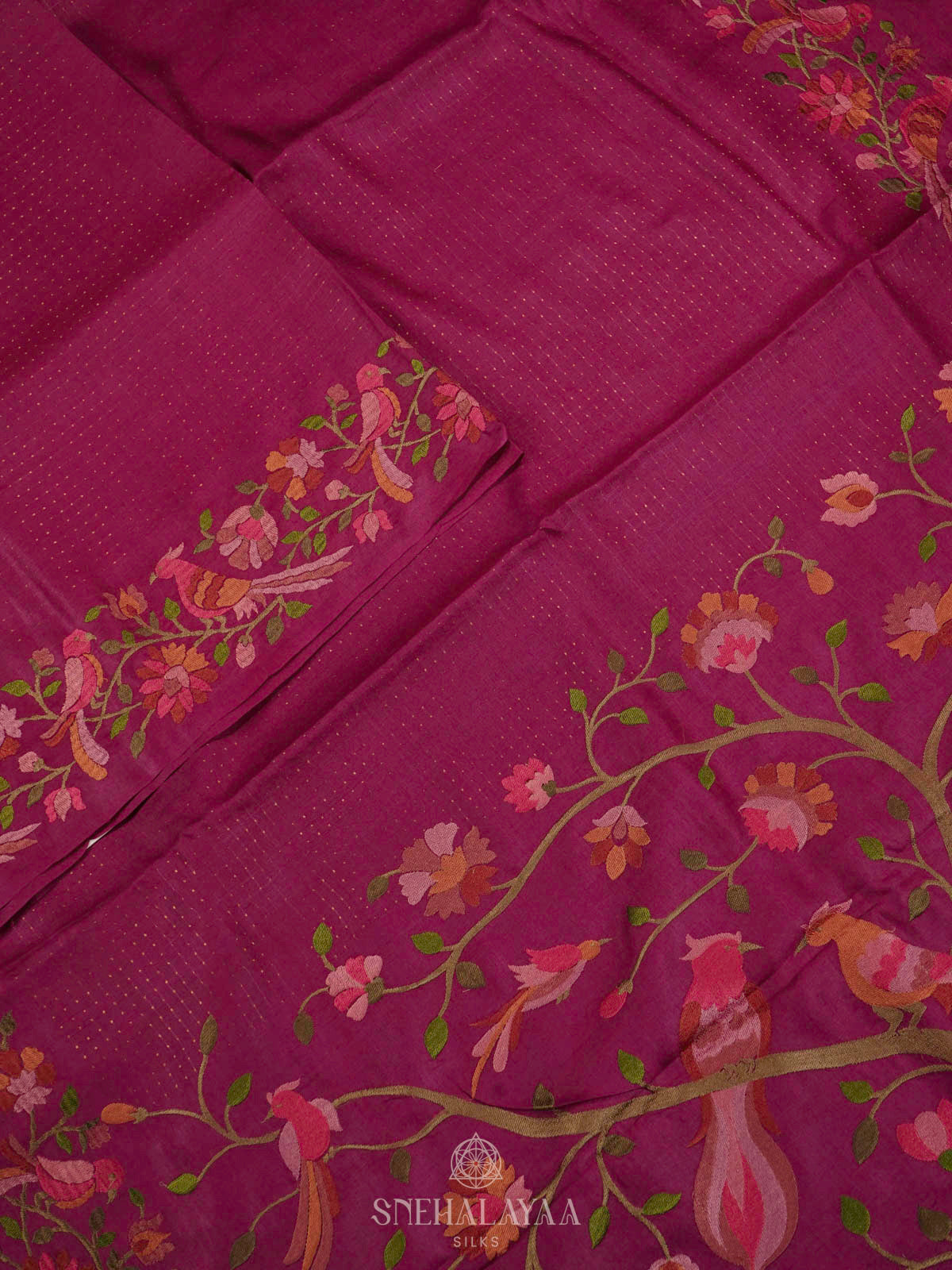 Magenta Pink Tussar Embroidery Saree