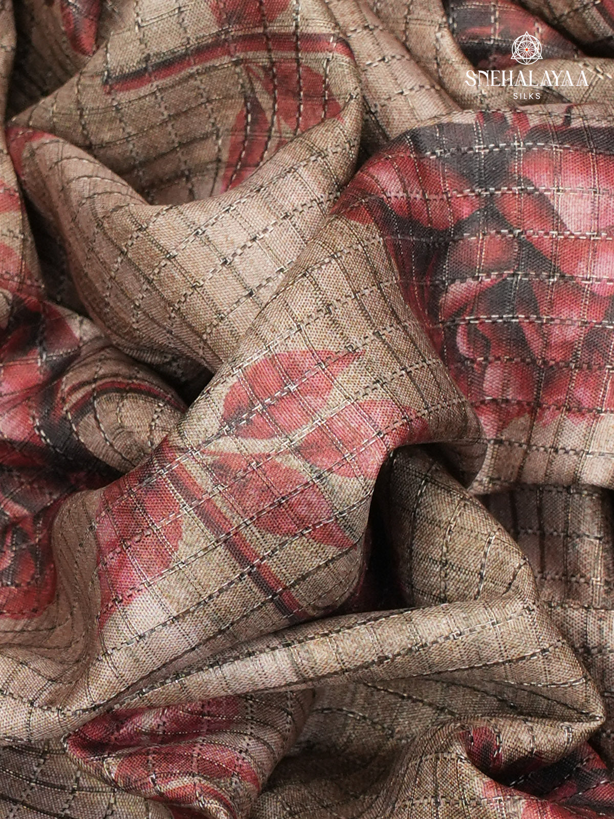 Brown Floral Printed Tussar Saree