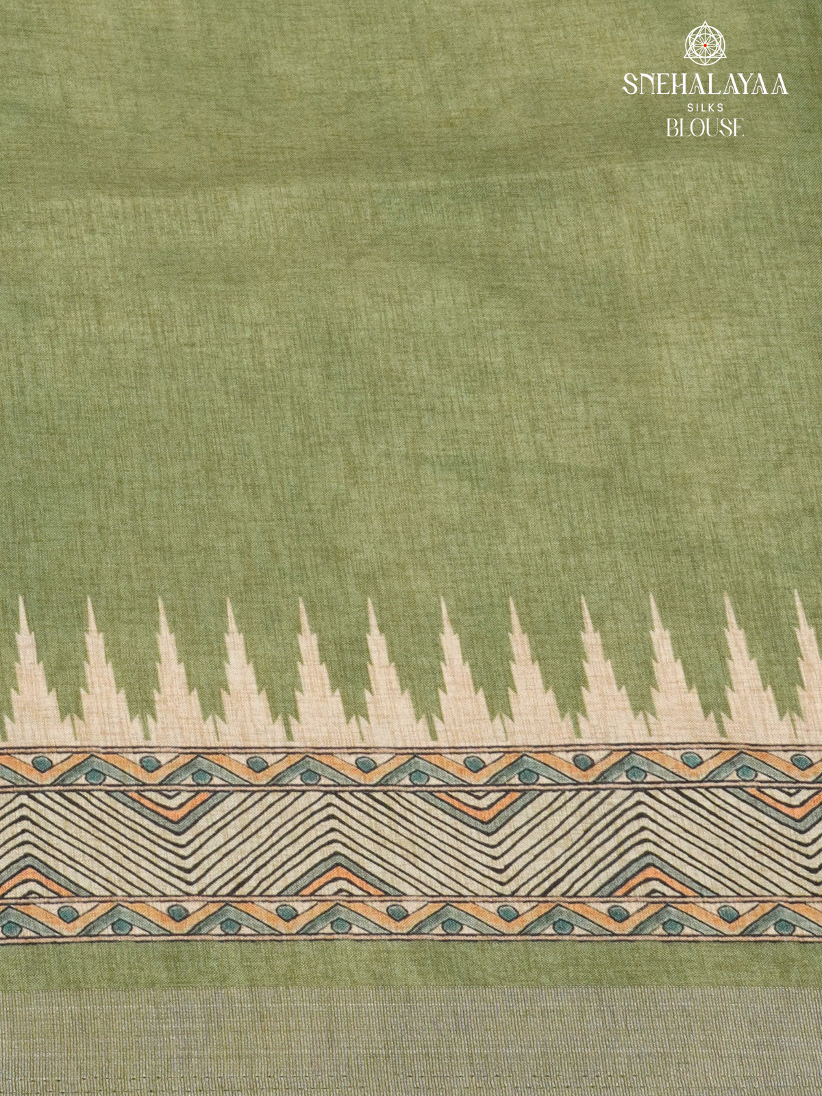 Beige With Olive Green Border Floral Printed Tussar Saree