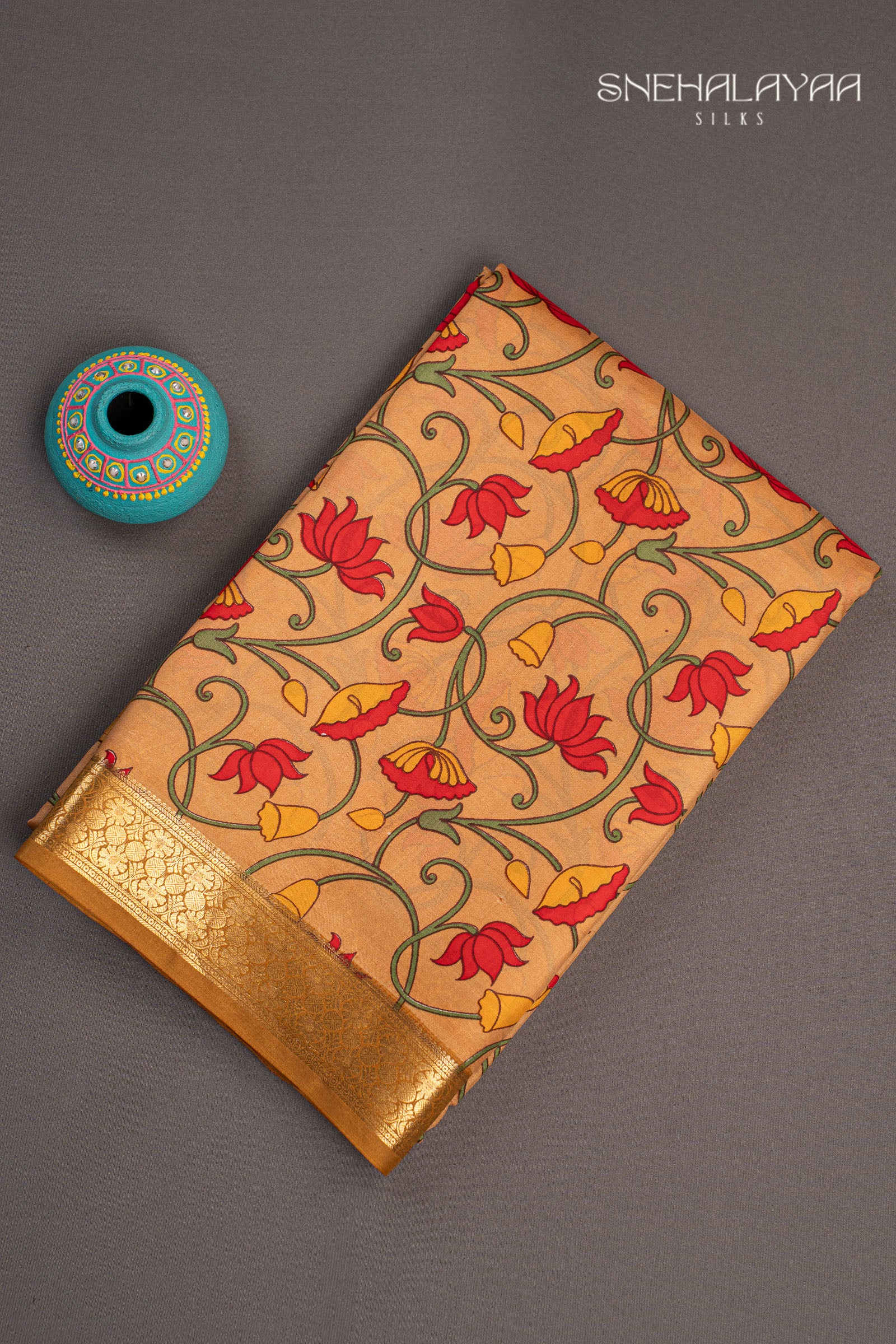 Apricot Orange Printed Mysore Silk Saree