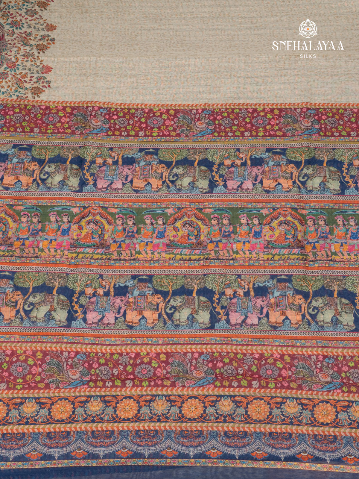 Beige With Navy Blue Border Linen Saree