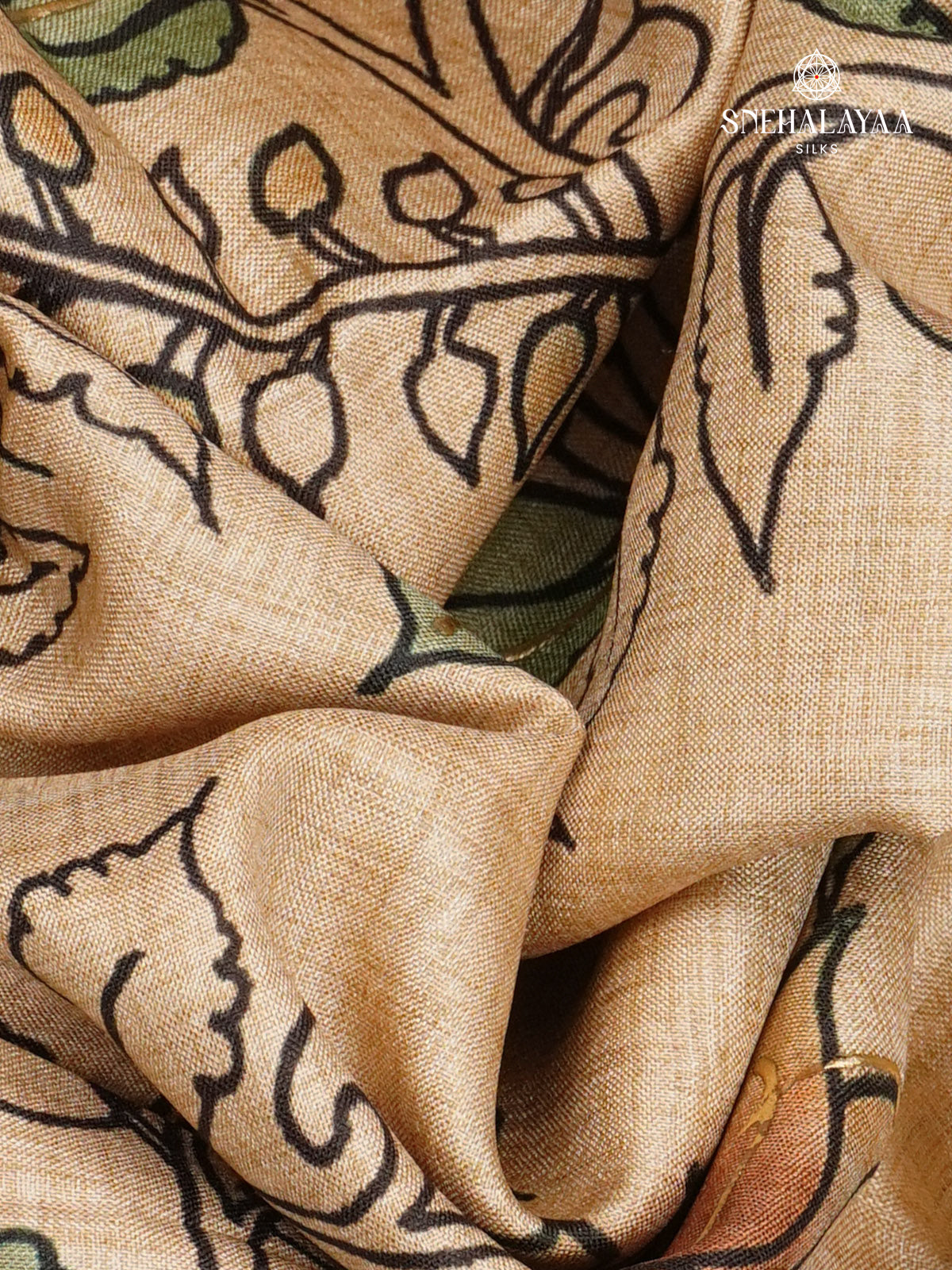 Beige With Olive Green Border Floral Printed Tussar Saree