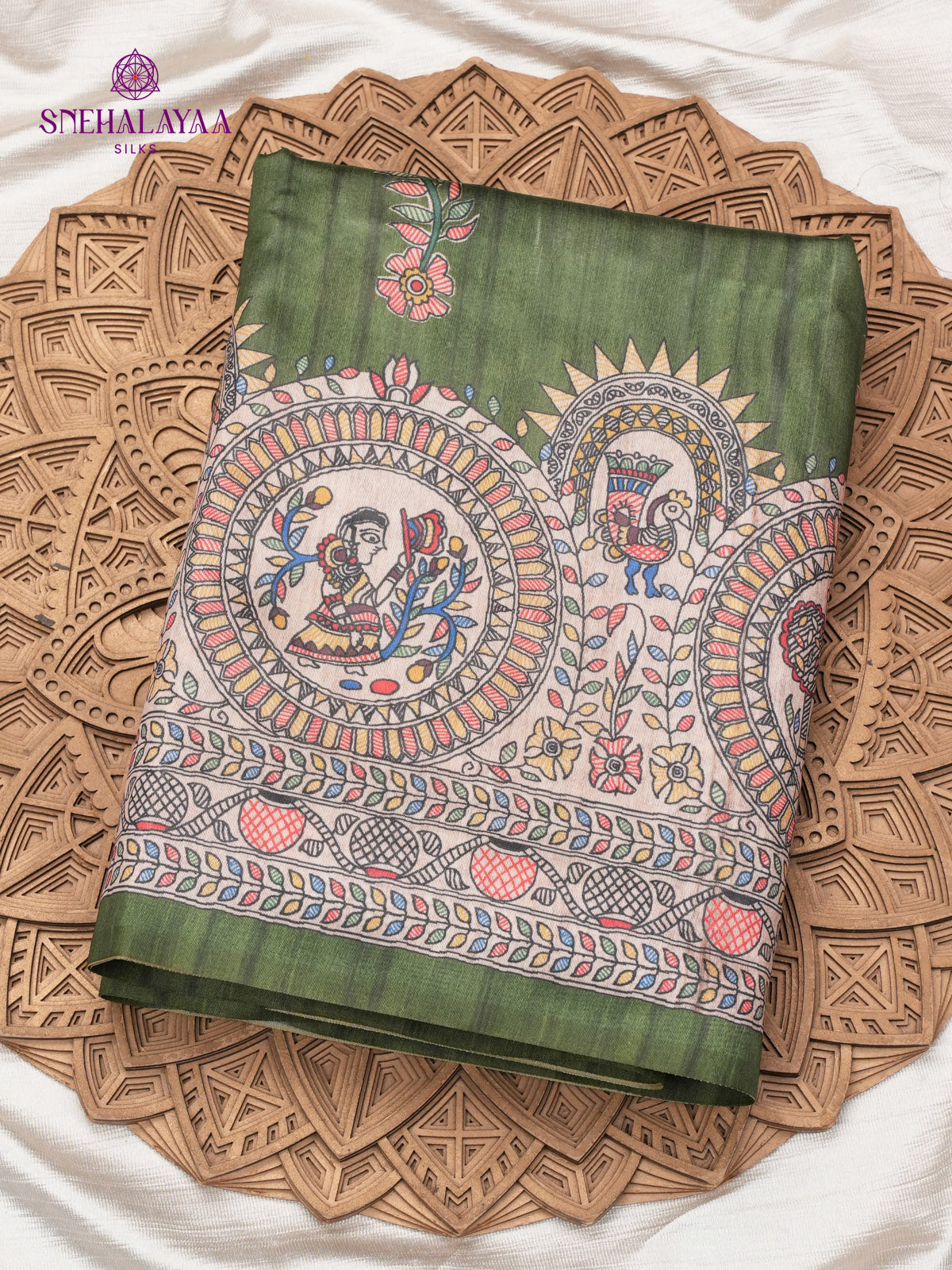 Green Madhubani Printed Saree