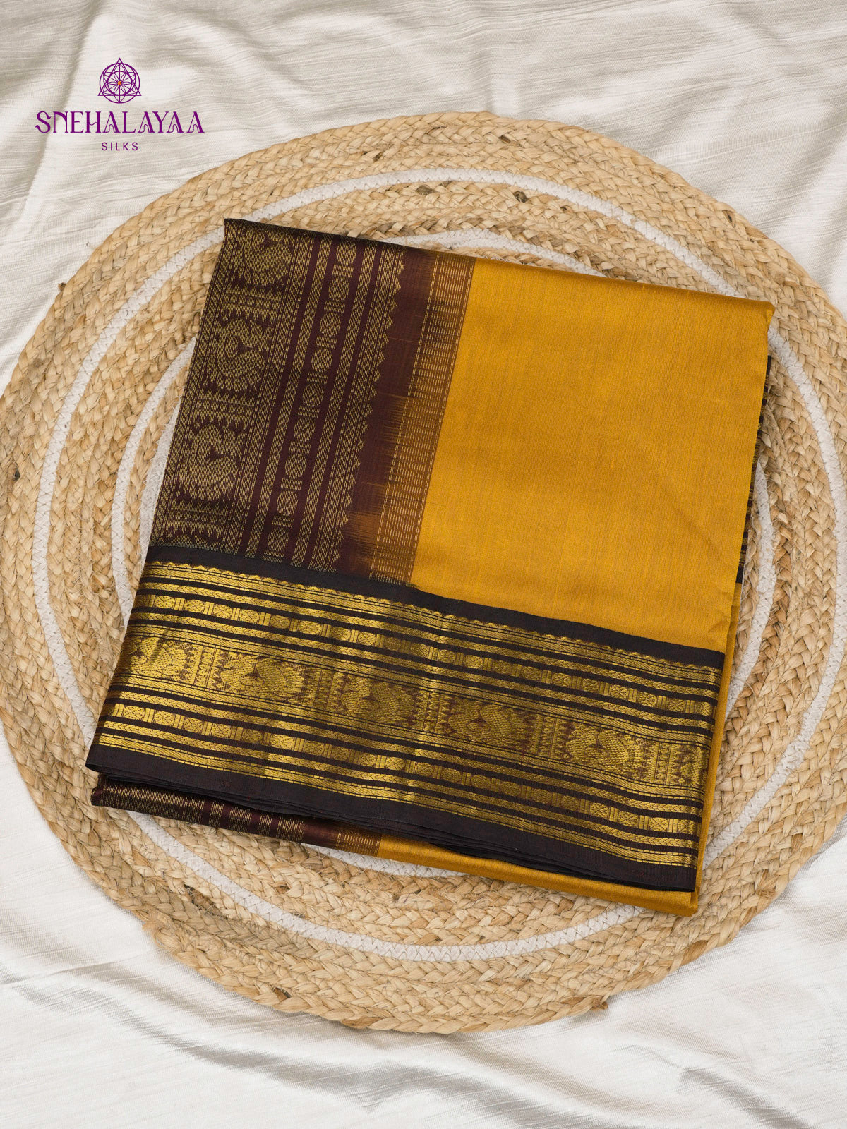 Golden Mustard Kuppadam Silk Cotton Saree with Coffee Brown Zari Border