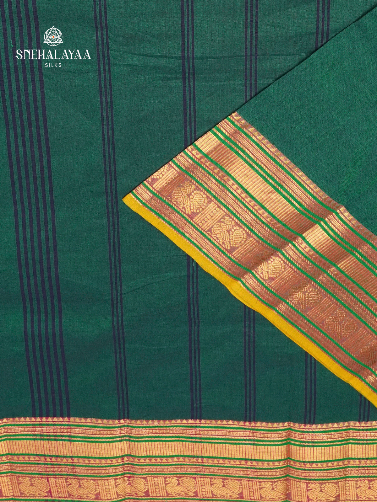 Bottle Green Kanchi Cotton Saree with Traditional Contrast Border