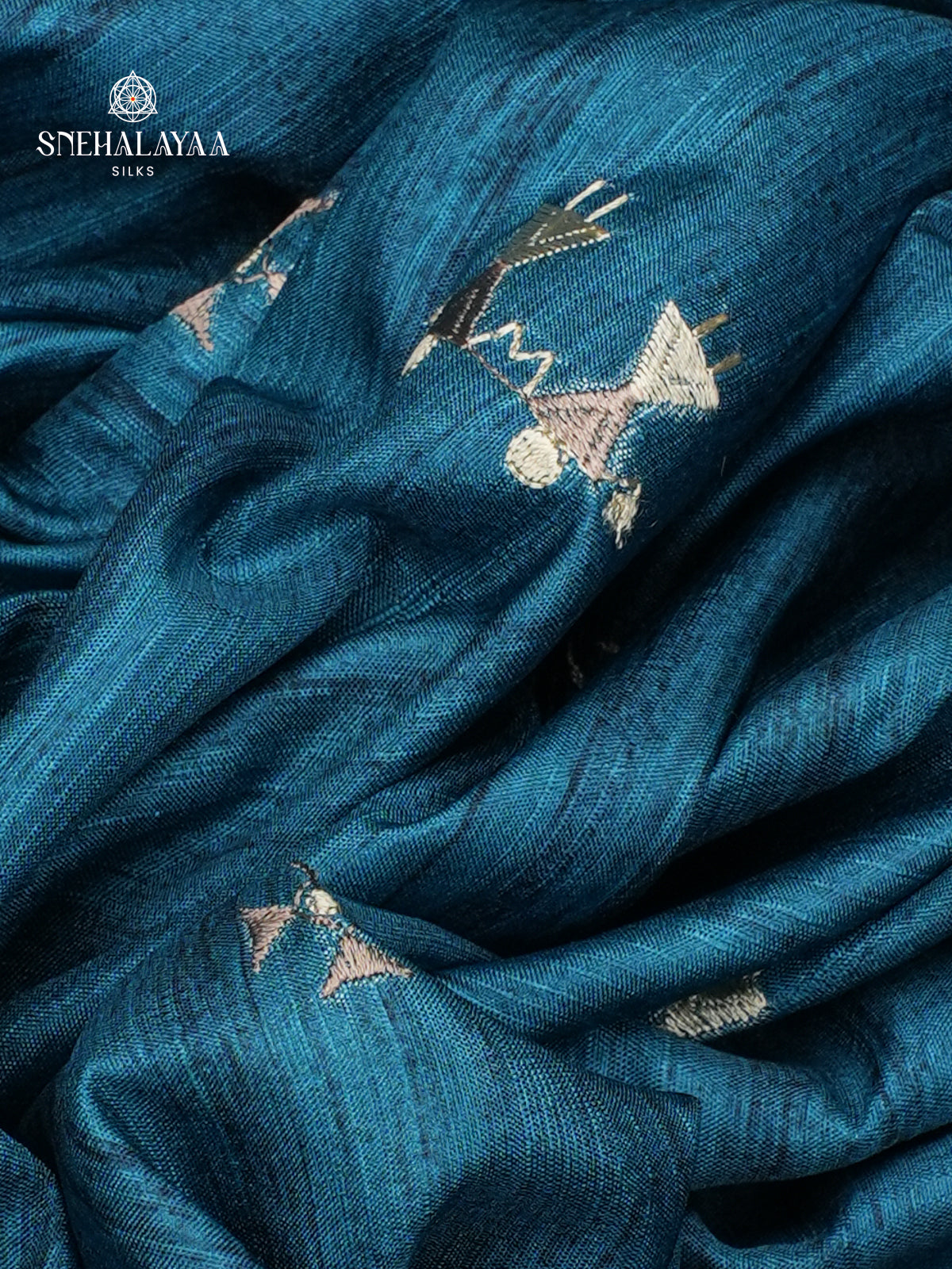 Peacock Blue Tussar Embroidery Saree
