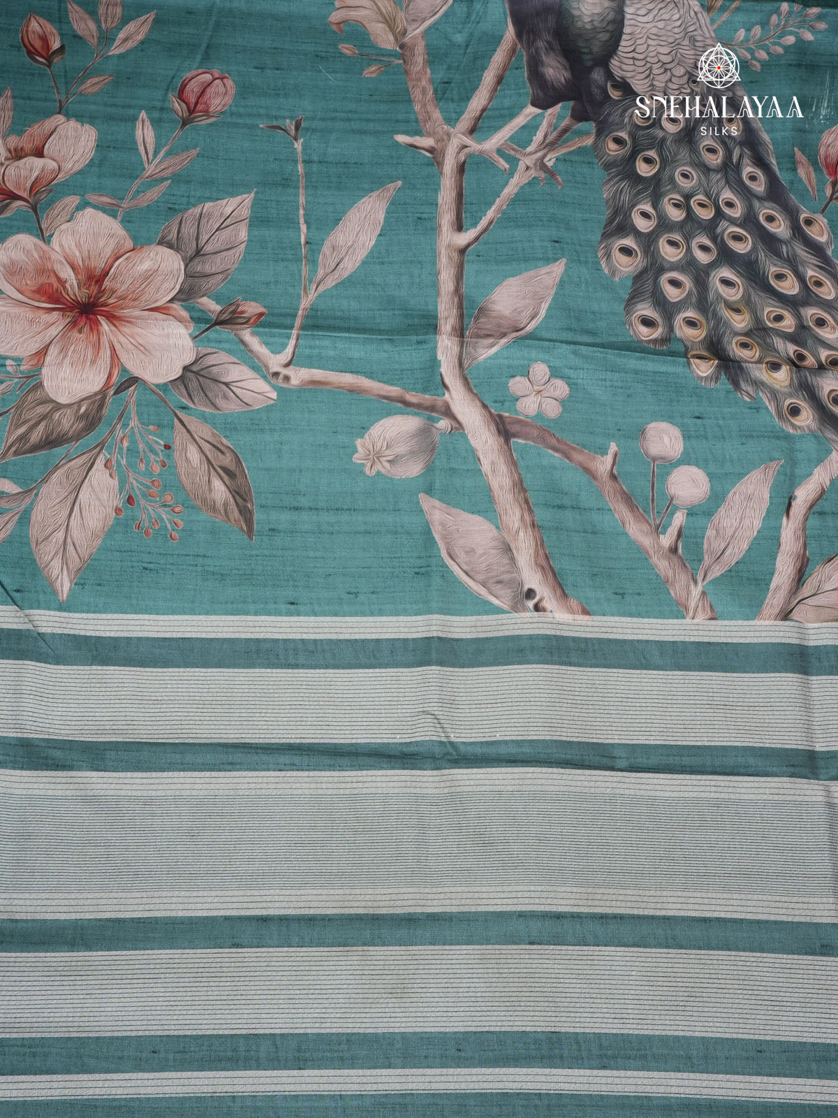 Teal Green Floral Printed Tussar Saree