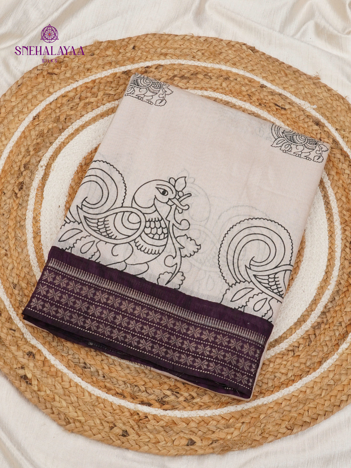 Beige Kalamkari Saree with Plum Woven Border