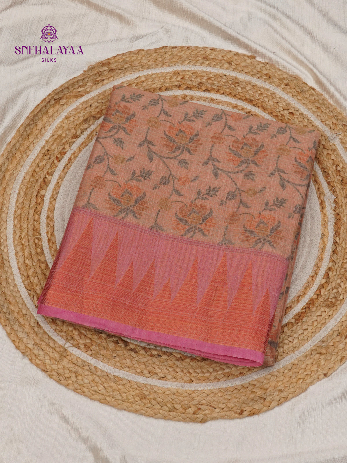 Pale Orange With Pink Border Linen Tissue Saree