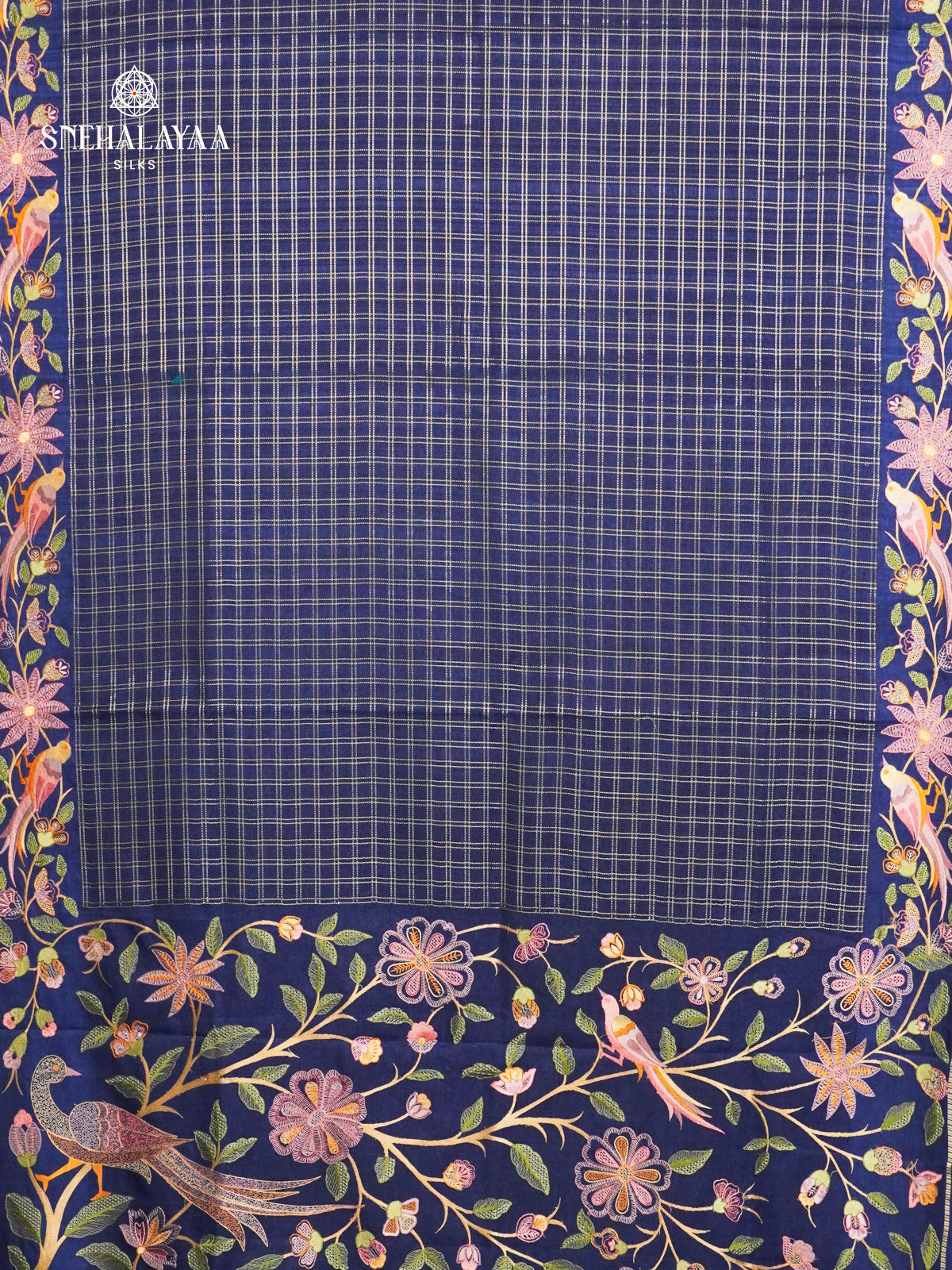 Navy Blue Munga Tussar Embroidery Saree