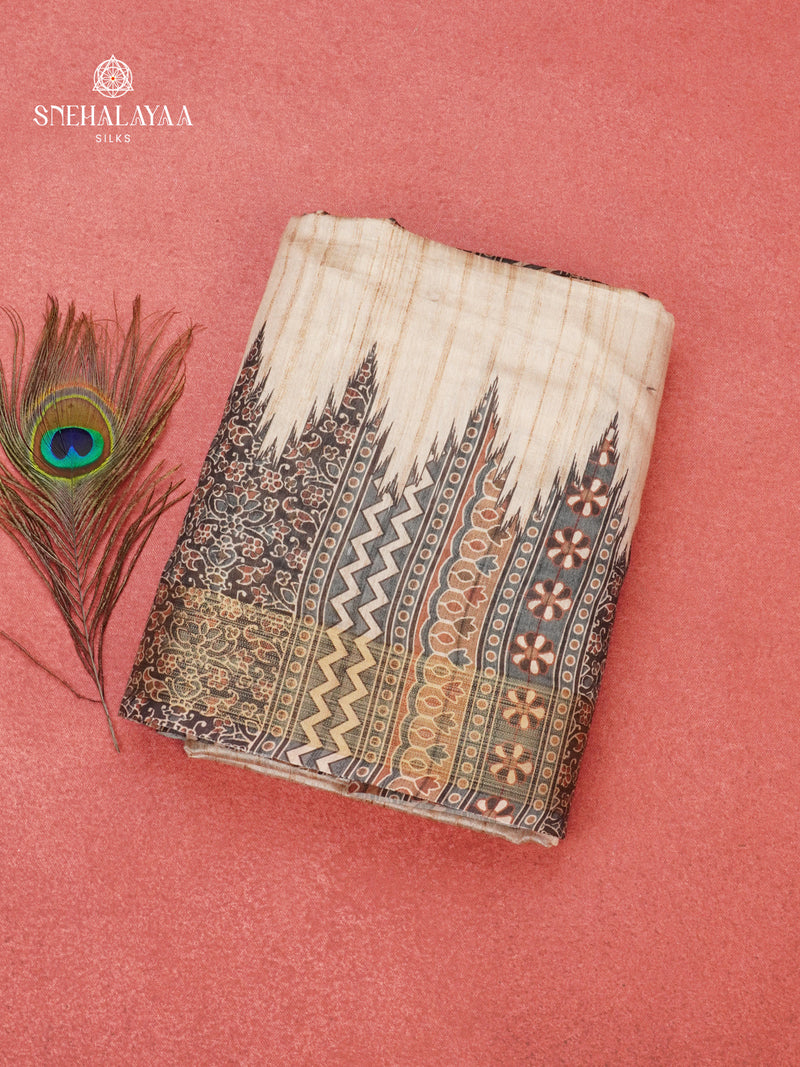 Beige With Grey Border Tussar Saree