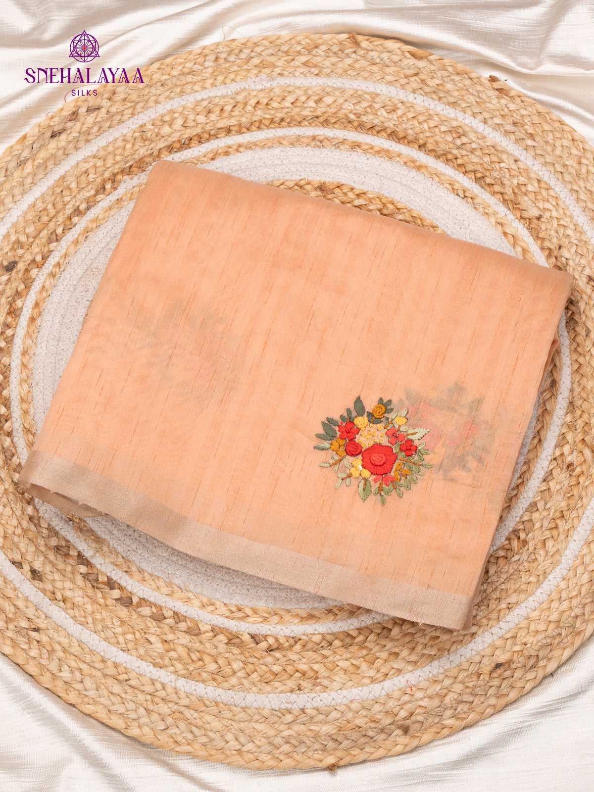 Peach Raw Silk Embroidery Saree