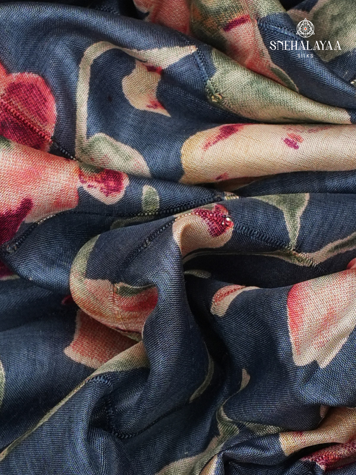 Teal Blue Floral Printed Tussar Saree