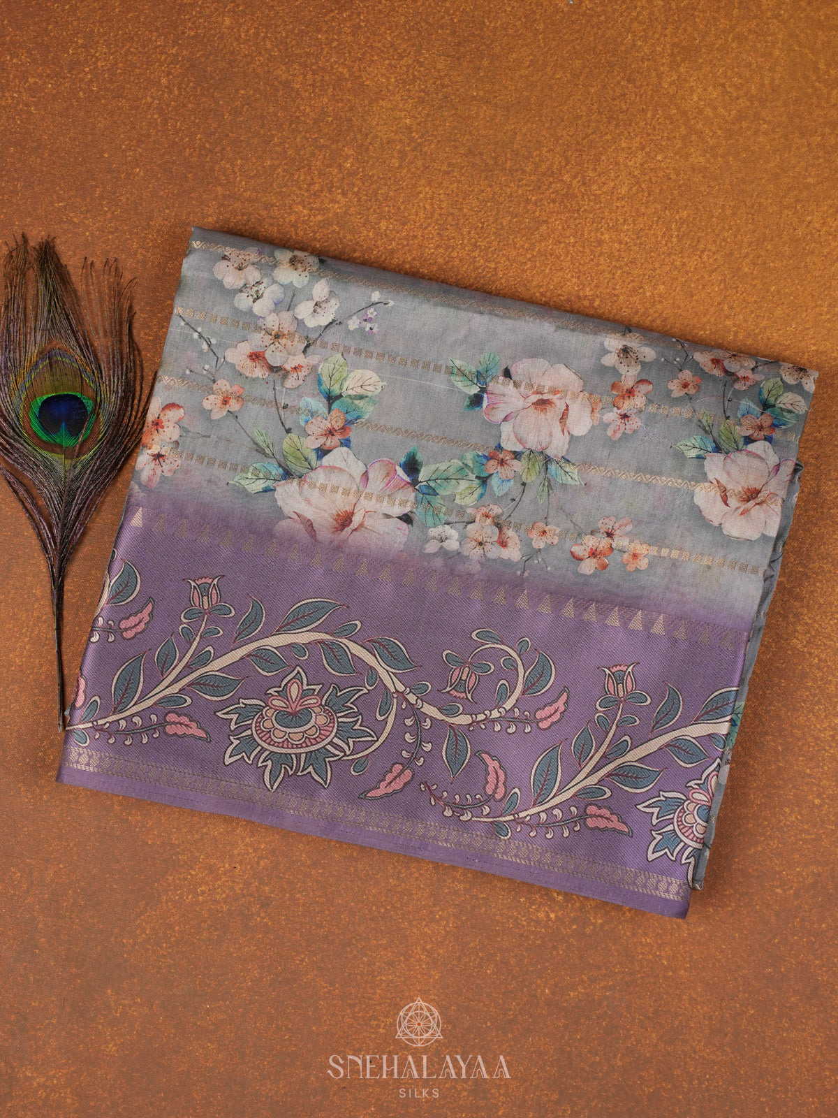 Grey with Floral Border Tussar Saree