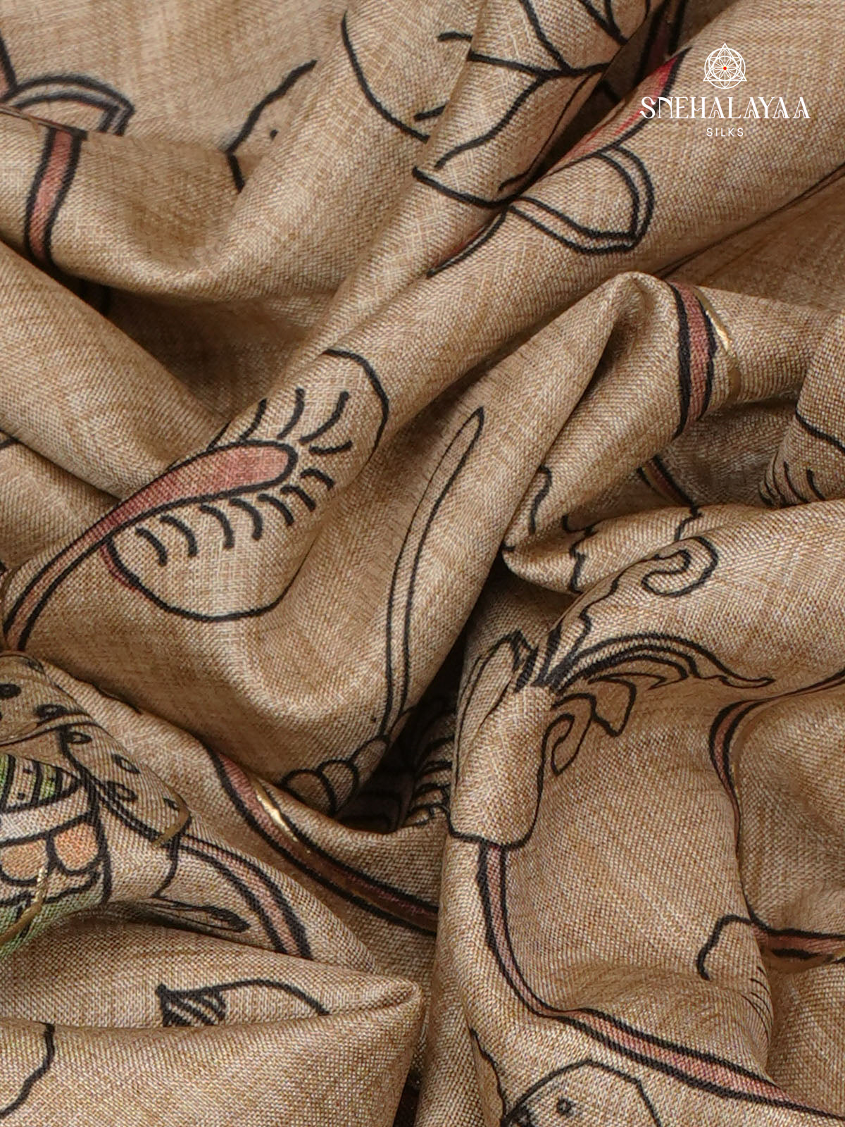 Beige With Marron Border Floral Printed Tussar Saree