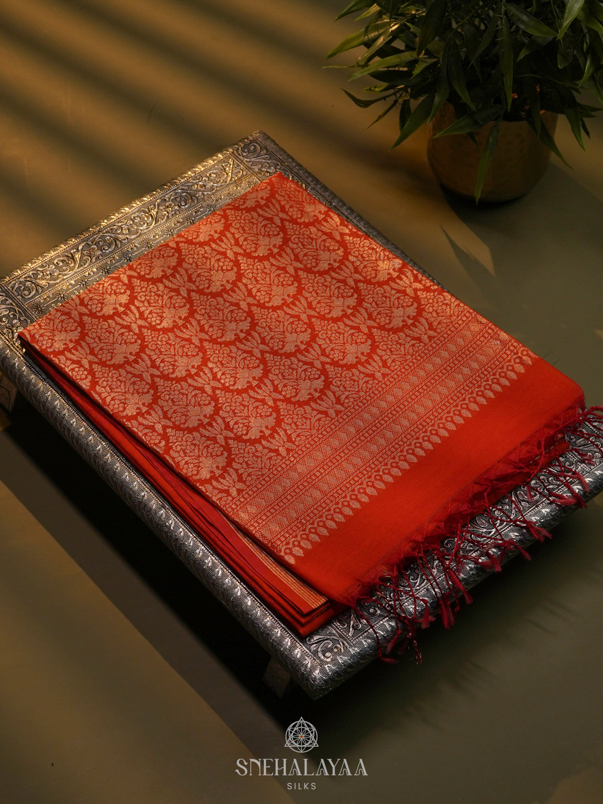Rust Orange Kora Silk Cotton Saree