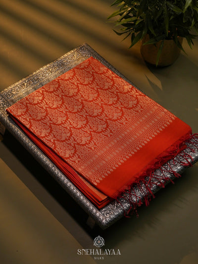 Rust Orange Kora Silk Cotton Saree