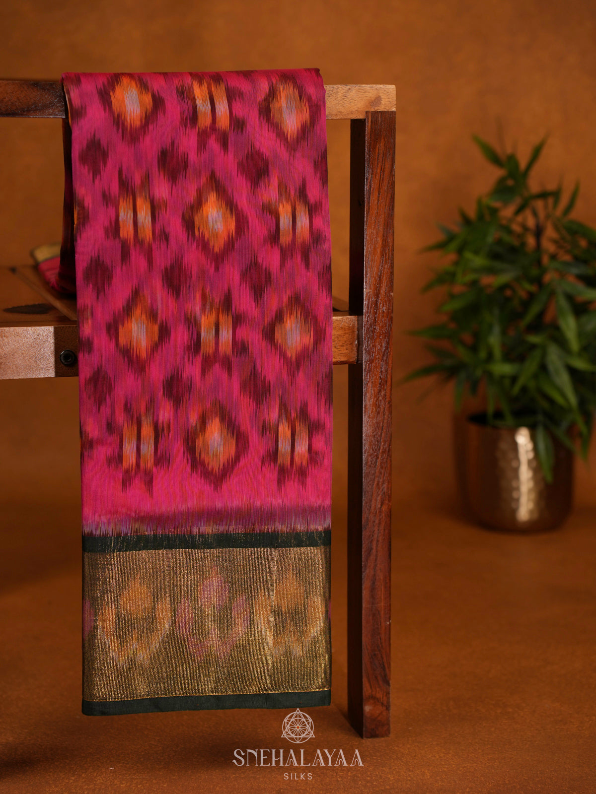 Pink Ikat Silk Cotton Saree with Traditional Woven Border