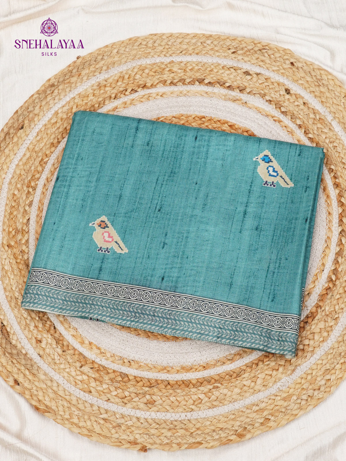 Peacock Blue Floral Printed Tussar Saree