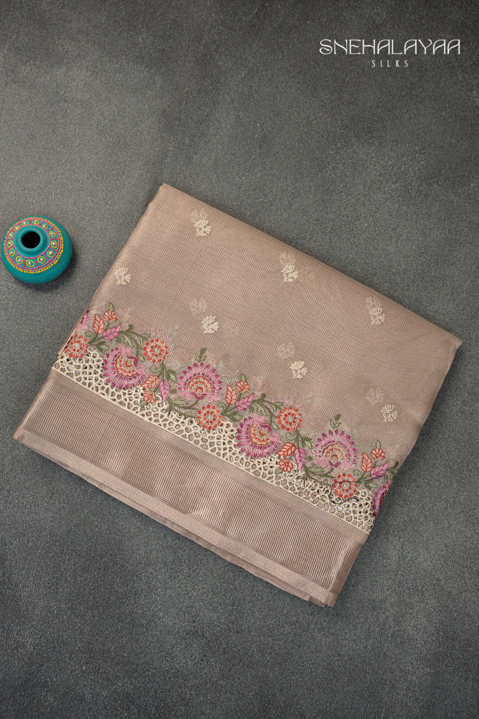 Beige Tissue Kota Embroidery Saree