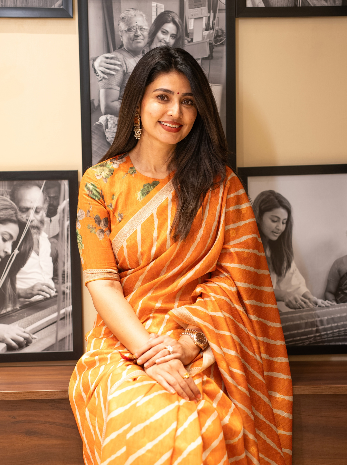 Orange Linen Saree with White Stripes