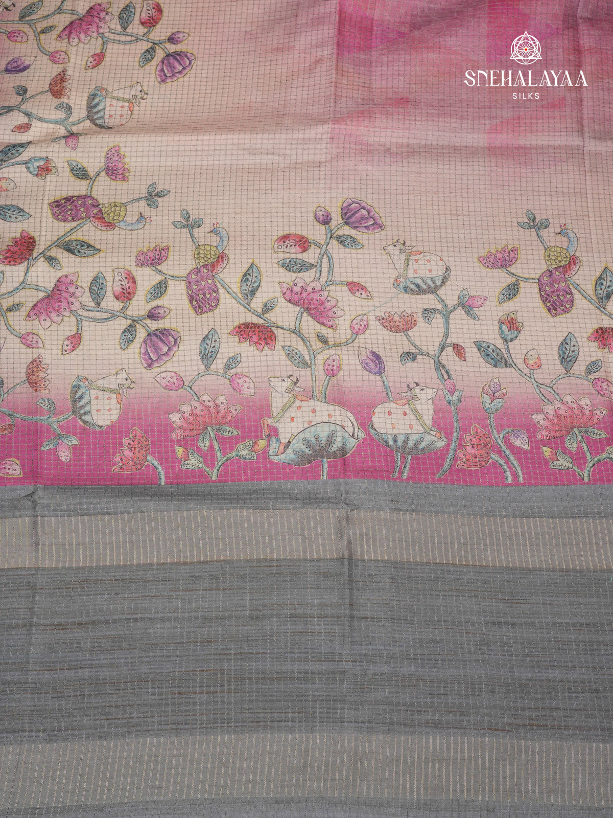Magenta Floral Printed Tussar Saree