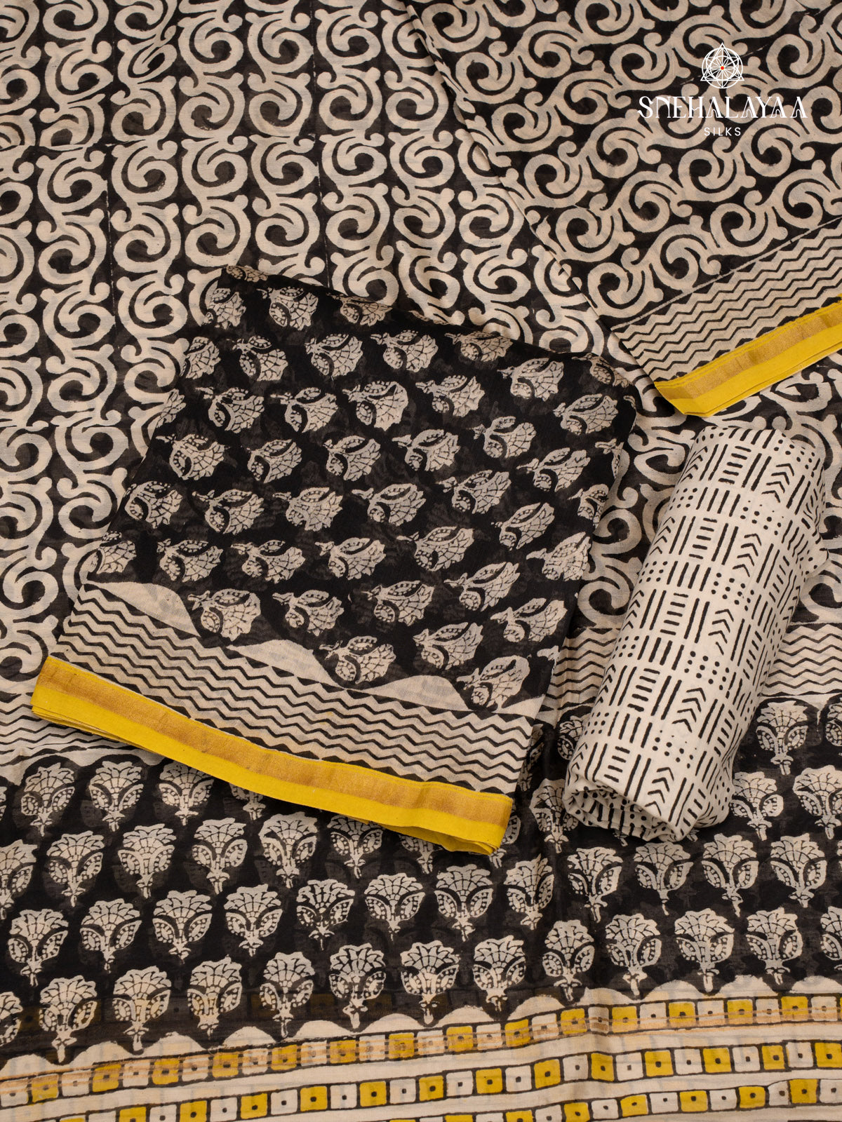 Black Chanderi Cotton 3-Piece Salwar Suit Material