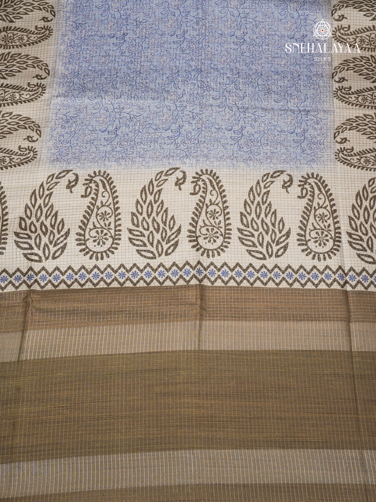 Sky Blue Floral Printed Tussar Saree