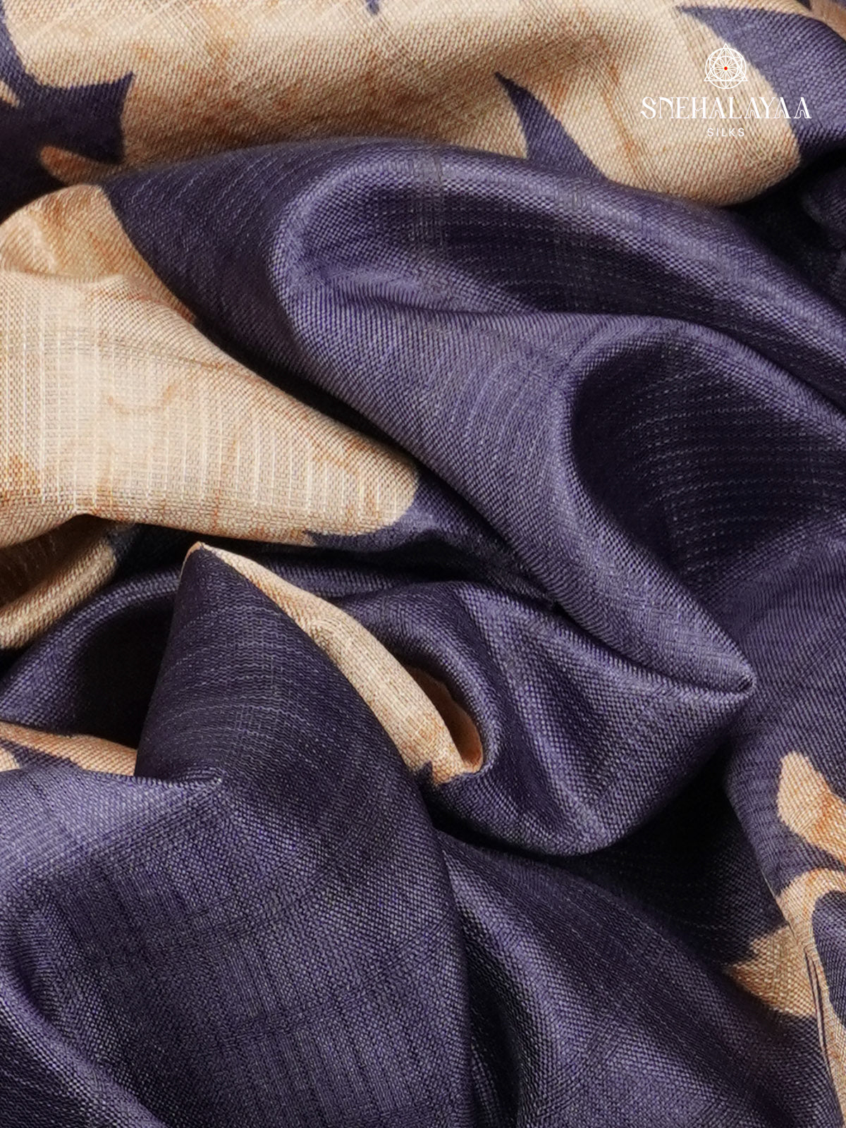 Navy Blue Floral Printed Tussar Saree