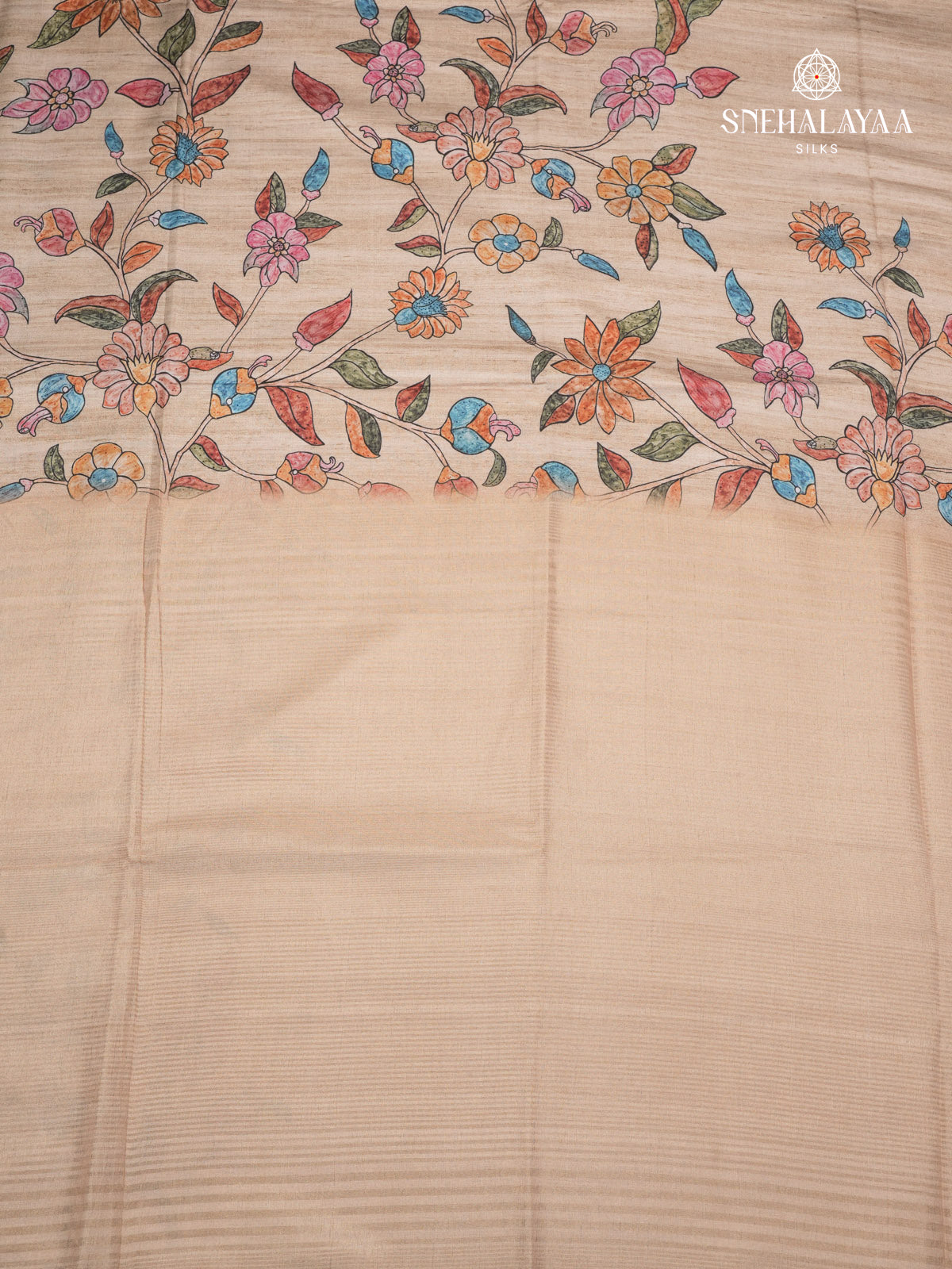 Beige Floral Printed Tussar Saree