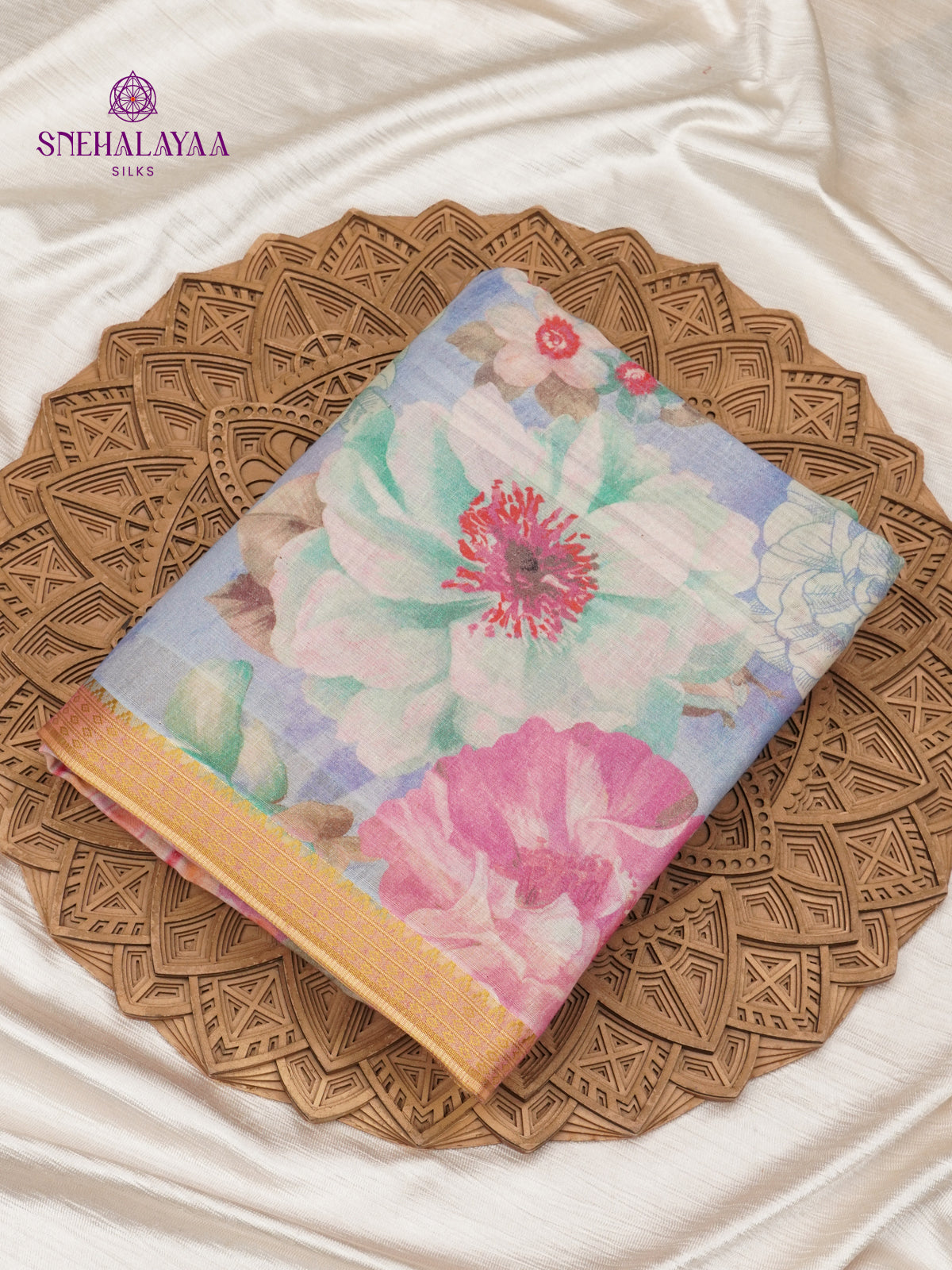 Blue Printed Linen Cotton Saree