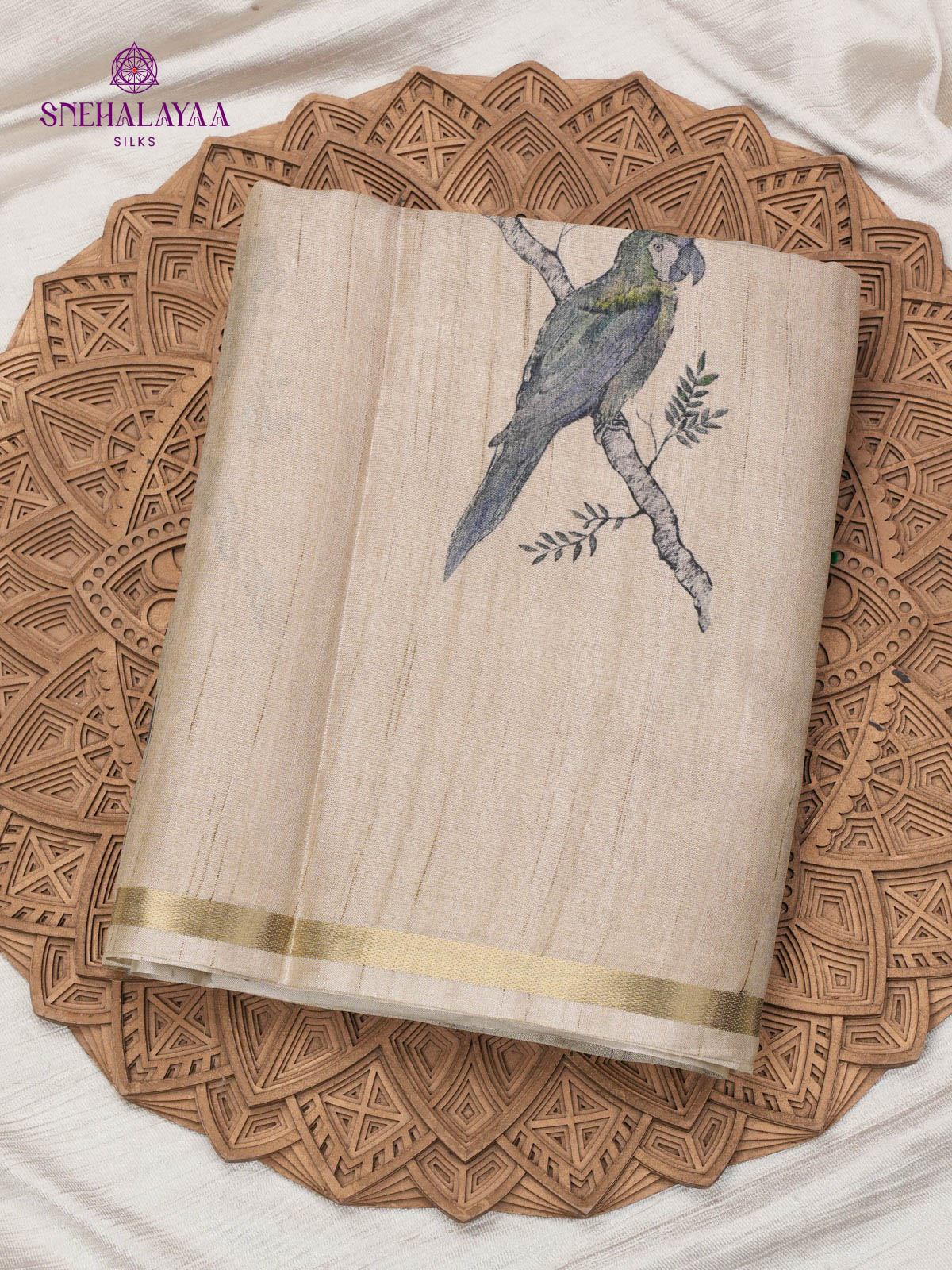 Beige Printed Tussar Saree