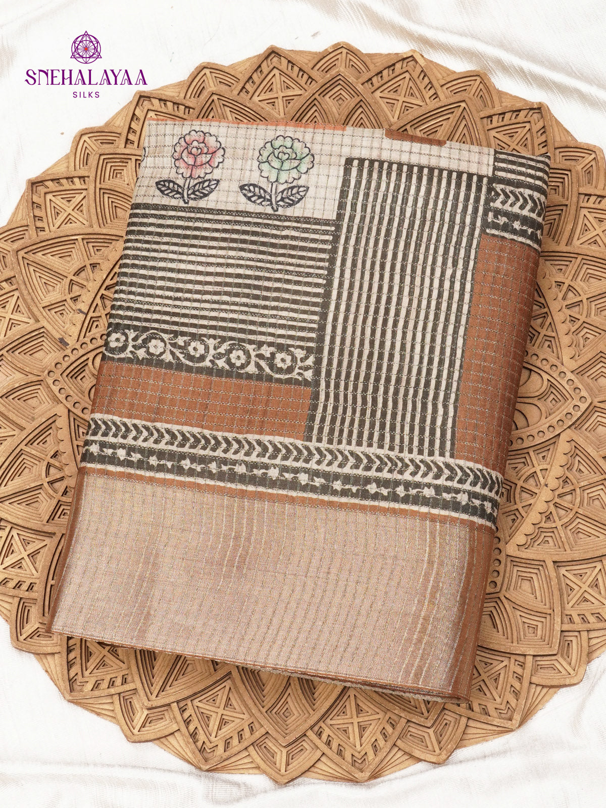 Orange Floral Printed Tussar Saree