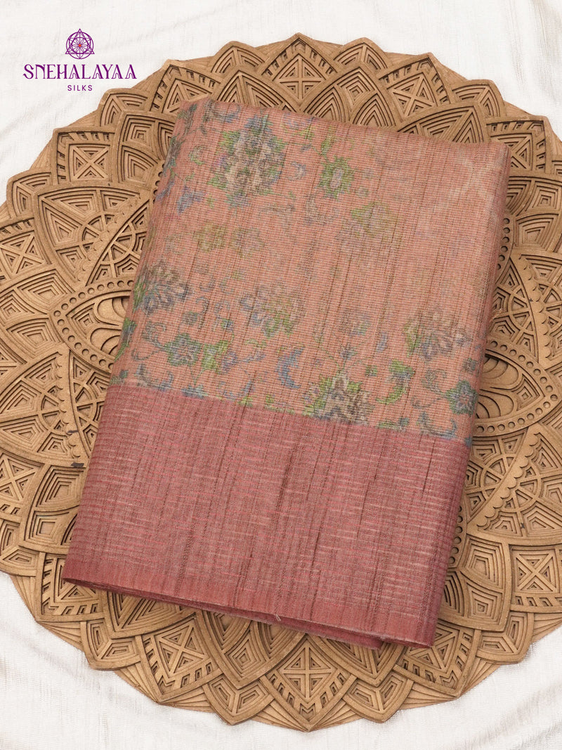 Maroon Floral Printed Tussar Saree