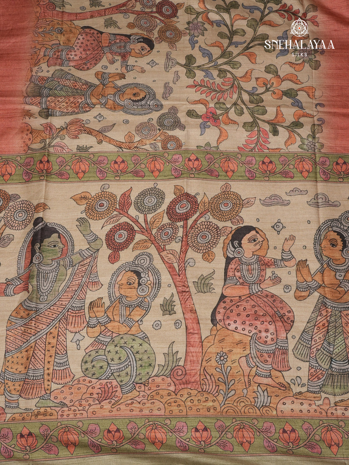 Beige With Red Border Kalamkari Tussar Saree