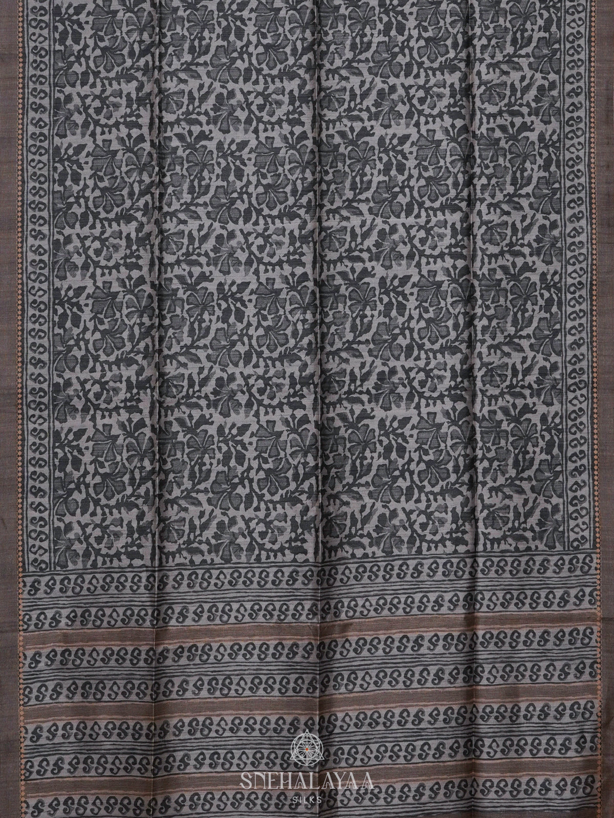Grey Floral Printed Tussar Saree