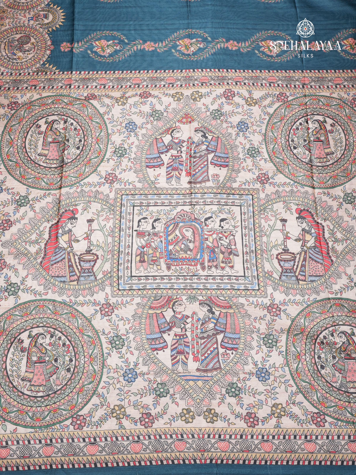 Teal Green Madhubani Printed Saree