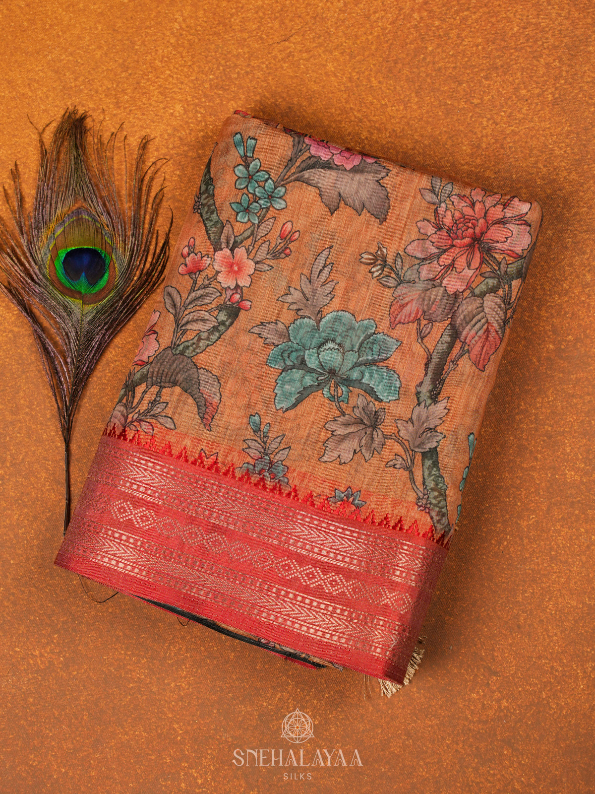 Rust Orange Printed Linen Saree