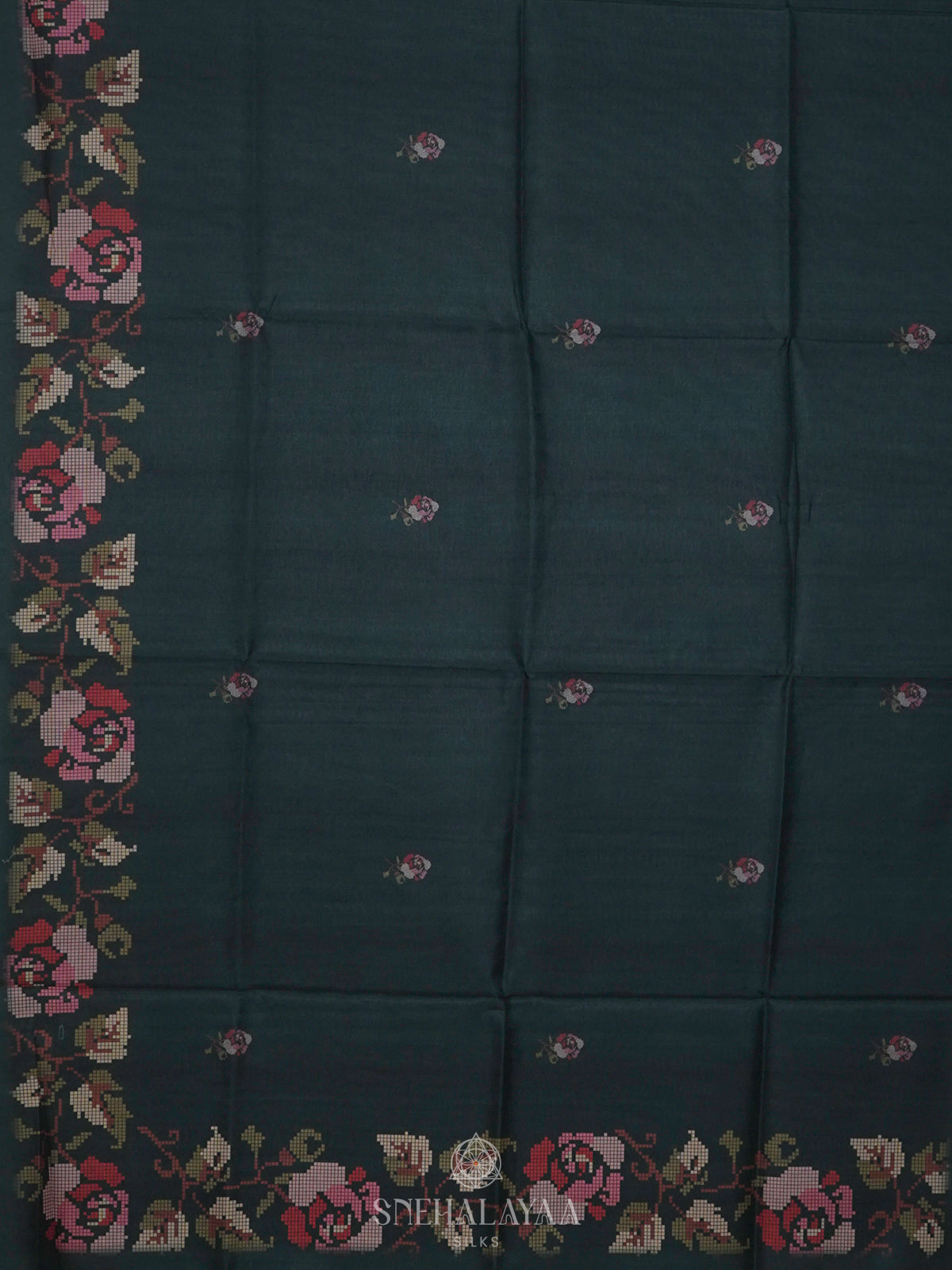 Green Floral Printed Tussar Saree