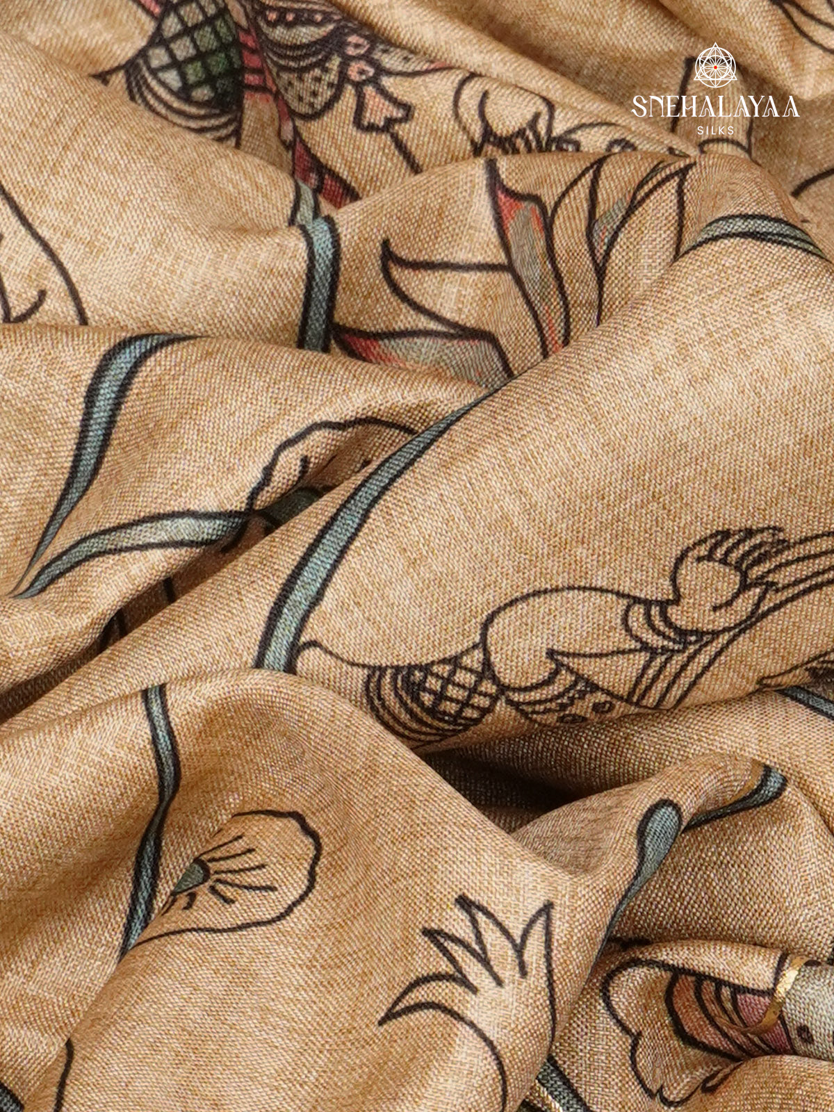 Beige With Teal Blue Border Floral Printed Tussar Saree