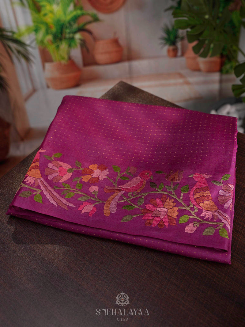 Magenta Pink Tussar Embroidery Saree