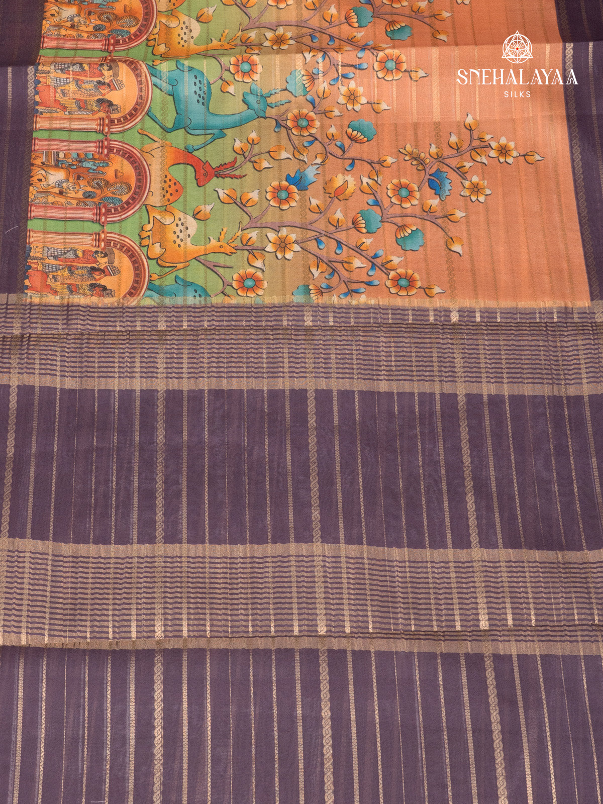 Mustard Orange Printed Mysore Silk Saree