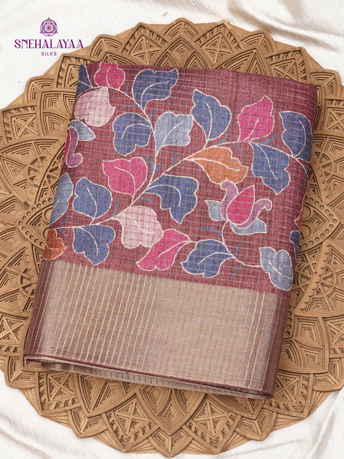 Brown Floral Printed Tussar Saree